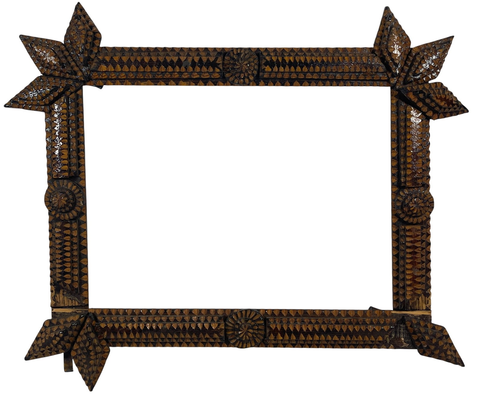 19th Century Tramp Art Frame: Antique tramp art frame, overall good condition. Slight areas of chipping and missing pieces, please see photos. 18.5 inches x 15.5 inches outside, 12 x 9 inside measurements.