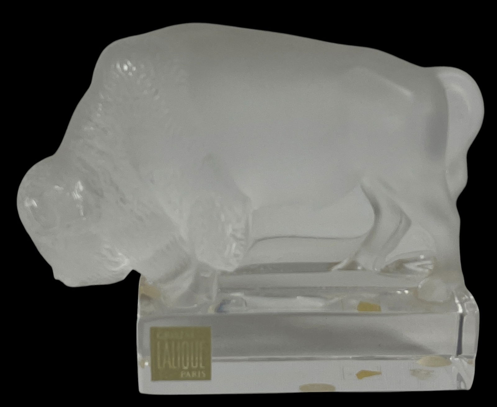 Lalique Frosted Bison Paperweight: Measures approx 3.75 inches high, 5 inches wide, 1.75 inches deep. Signed and labeled on bottom. Overall very good condition, no chips or cracks.