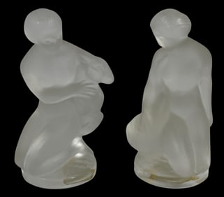 (2) Lalique Frosted Nude Figurines Diane with Ram & Leda with Swan