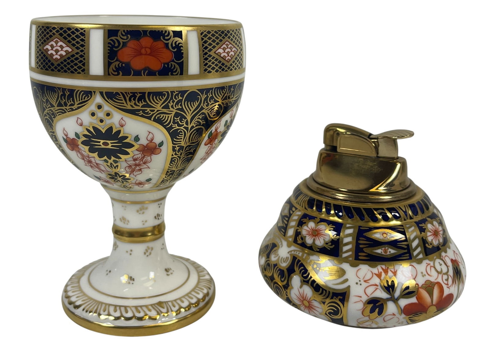 Lot of 2 Royal Crown Derby Imary Goblet & Table Lighter: Goblet measures 4.75 inches high. Overall good condition, no chips or cracks. Please see photos.