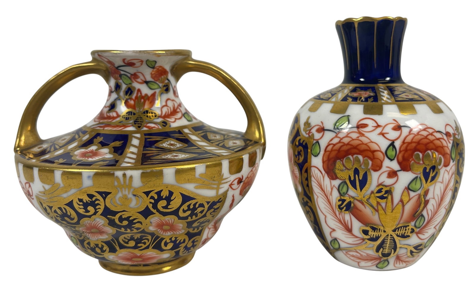 (2) Royal Crown Derby Old Imari Miniature Vases: Tallest measures 3.5 inches high. Overall good condition, no chips or cracks. Please see photos.