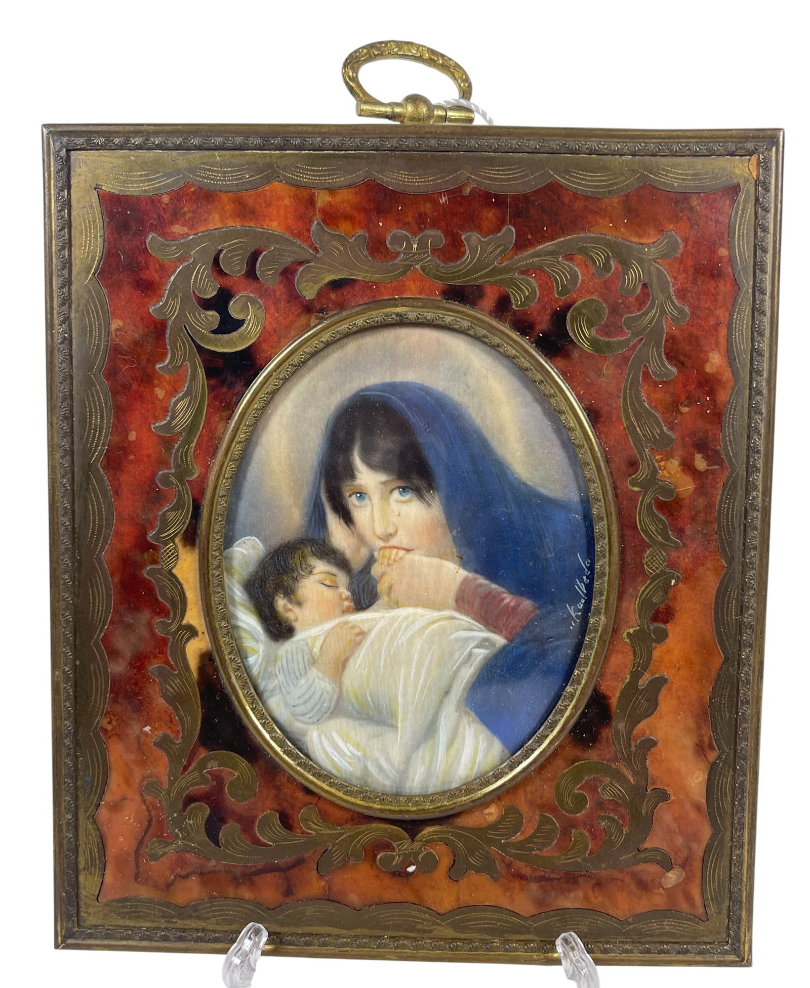 19th Century Portrait Miniature Kaulbach of Madonna & Child: Frame measures 5.675 x 4.875. Miniature under convex glass, measures approx 3.25 x 2.5 inches oval. Signature lower right. Overall good condition, please see photos.