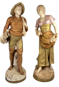 Pair Royal Dux Porcelai Figural Couple Gathering Wheat