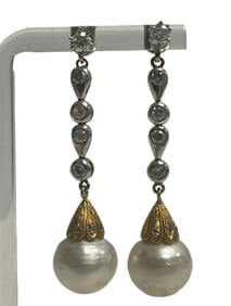 Pair Estate Two Tone 14k Gold Diamond & Pearl Drop Earrings