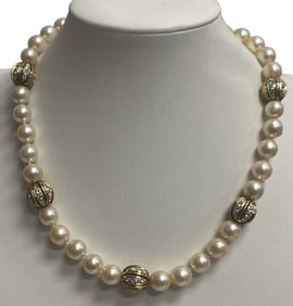 Estate 18k Yellow Gold Diamond & Pearl Necklace