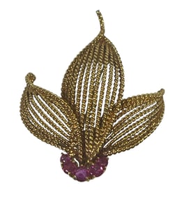 Mid Century 18k Yellow Gold & Rubies Tiffany & Co. Twisted Floral Leaf Brooch
