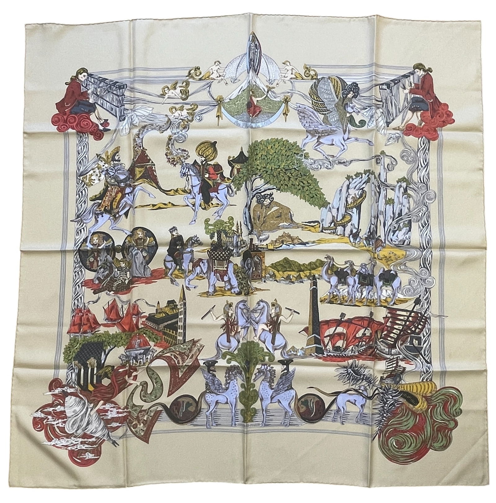 Hermes Au Fil De La Soie Silk Scarf: Beige ground. Au Fil de la Soie" by Annie Faivre. Never worn, in original packaging. 90cm x 90cm.