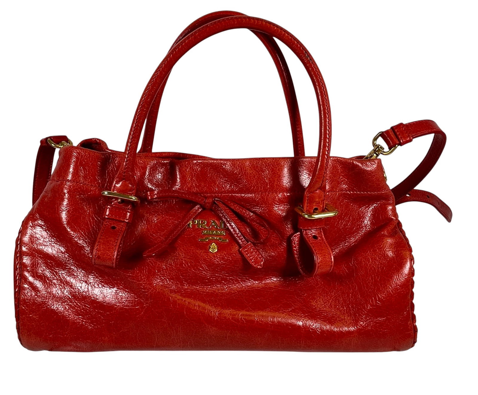 Vintage with Tags Red Prada Vitello Shine Leather Bow Bag: Has original tags with care card and authenticity card from Prada. BN1866. Measurements: Length: 13 inches, width: 5.5 inches, height: 7 inch. Shoulder Handle Drop: 18 inches, handle Drop: 4 inches. O