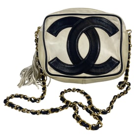 Vintage Chanel Leather Double CC Black & White Camera Bag