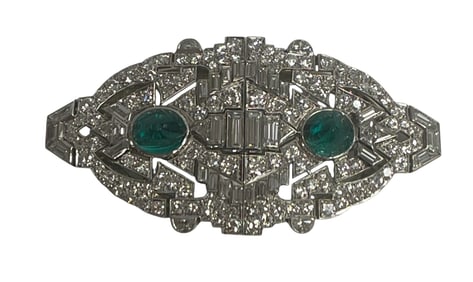 Estate Art Deco Platinum Diamond & Emerald Dress Clips /  Brooch