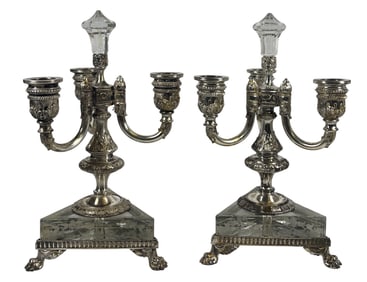 Pair Signed Pairpoint Silverplate & Crystal Candelabras