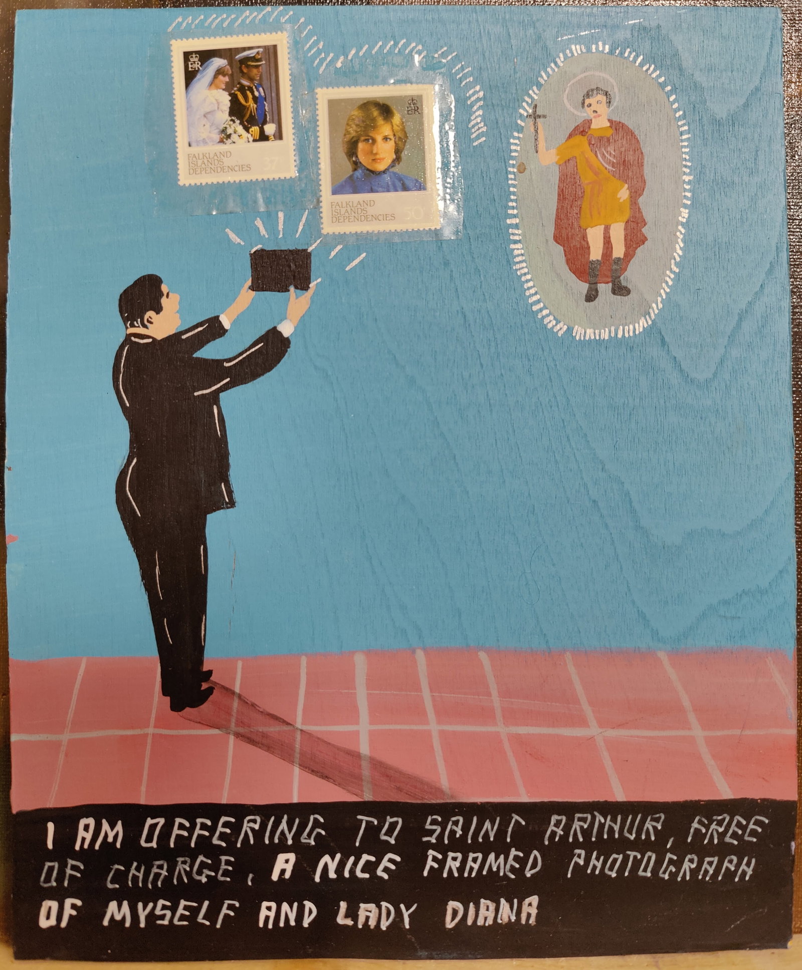 Javier Mayoral Outsider Art, Offering To Saint Arthur, Diana: Javier Mayoral (Spain, New York, Miami, b. 1961 - ) Outsider folk art oil on panel titled "Offering To Saint Arthur" and captioned "I AM OFFERING TO SAINT ARTHUR, FREE OF CHARGE, A NICE FRAMED PHOTOGR