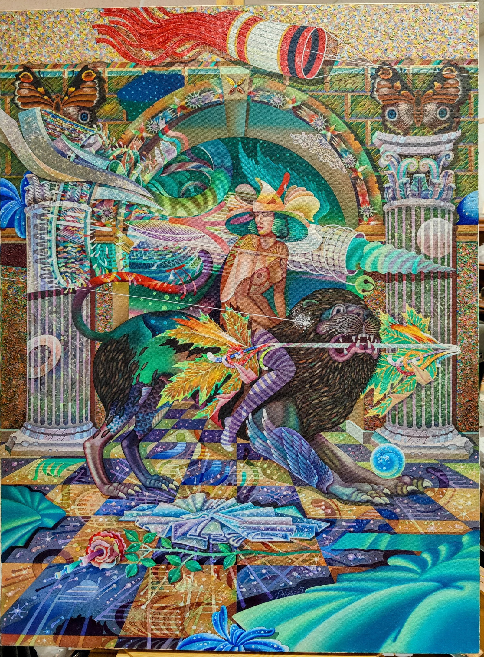 Sergey Pchelintsev O/C Surrealist Post Apocalyptic Scene: Sergey Pchelintsev (Belarus, Minsk, New York, 1952 - 2025) Contemporary Outsider Surrealist Post Apocalyptic painting titled "Second Abduction of Europe", 2015. Painting depicts a nude female riding a