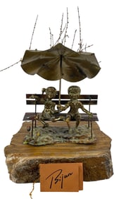 Mid Century Bijan Brass & Copper Sculpture Rain Drops Children on Park Bench