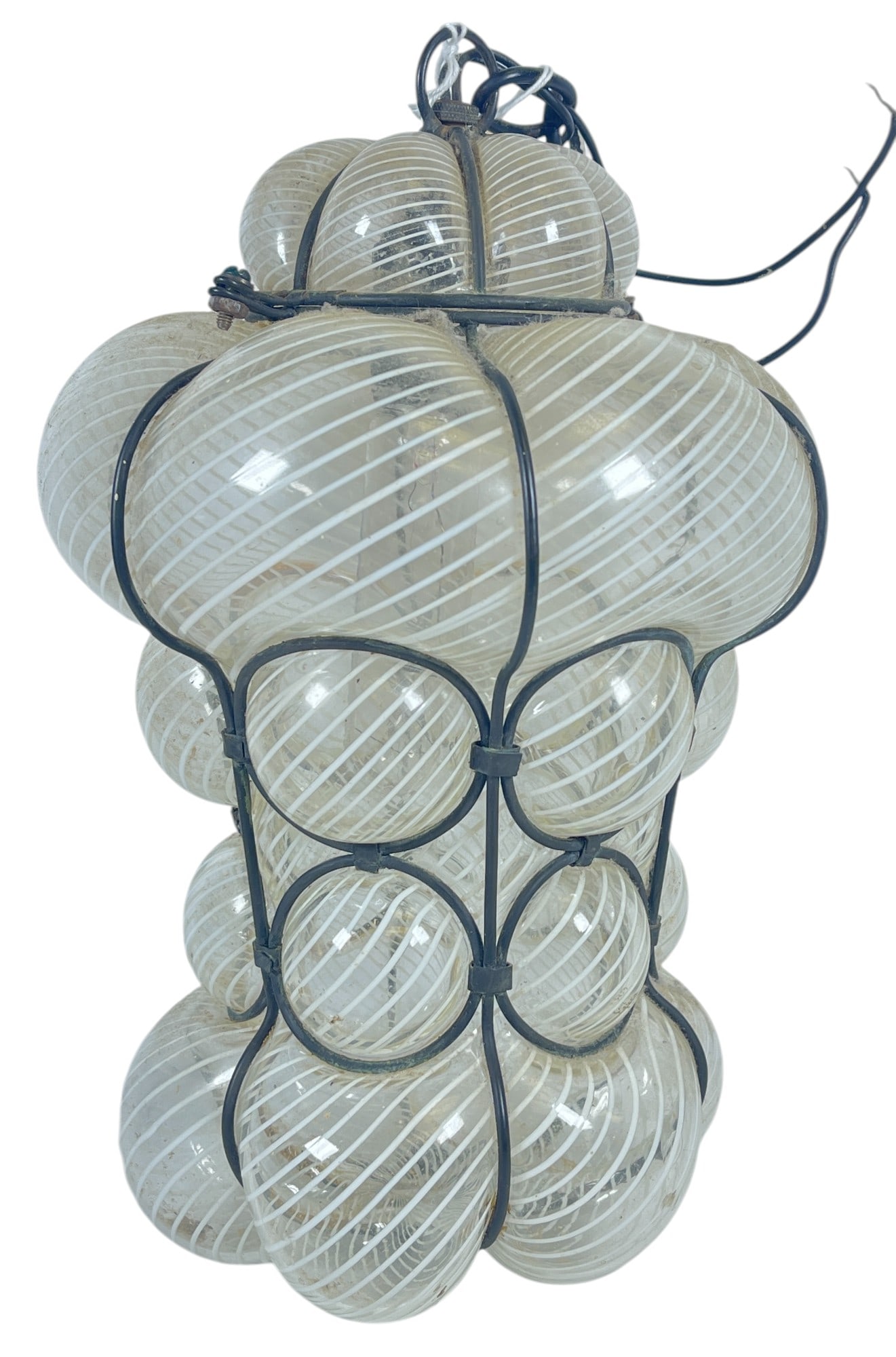 Mid Century Seguso Murano Bubble Caged Glass Pendant Light: Measures approx 13.5 inches tall to the ring, 8.5 inches at its widest. Overall good condition, needs to be wired.