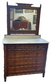 Victorian Faux Bamboo Marble Top Dresser w/ Mirror