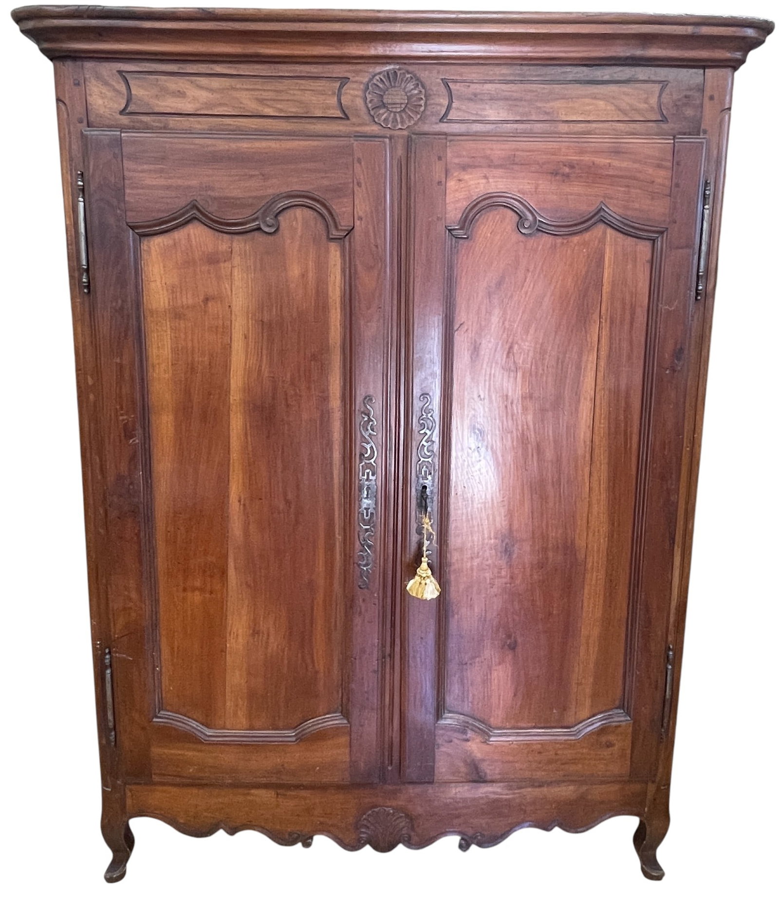 18/19th Century French Provincial 2 Door Armoire: Has original key. Interior has shelves. Measures 70 inches high, 53 inches wide, 24 inches deep. Overall good condition, please see photos. Provenance from a mid town Manhattan estate.