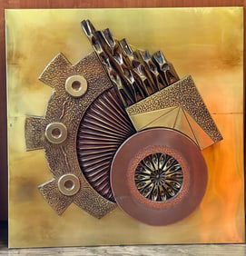 Mid Century Brutalist Mixed Metal Wall Sculpture Manner of Paul Vanders