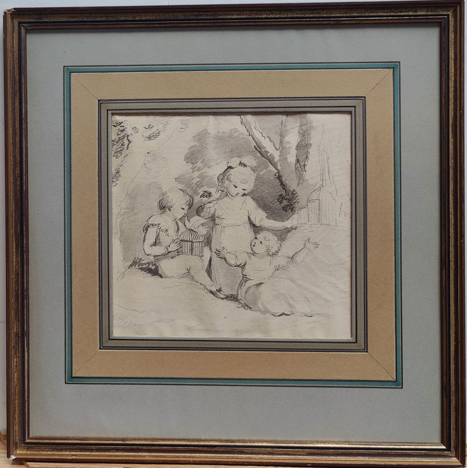 Maria Spilsbury Ink & Wash Drawing Children Playing: Maria Spilsbury (England, Ireland, 1777 - 1820) drawing c. early 19th c. of children playing. Good condition, with toning to the paper. Sabin Galleries Limited information label affixed verso. 7.5" x