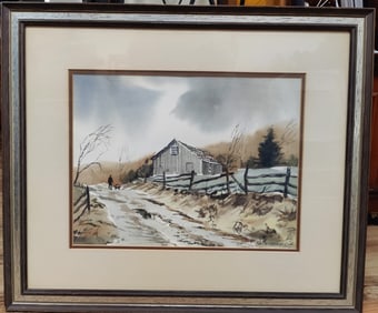 Keith Hoffman W/C New England Barn, w/ Man & His Dog