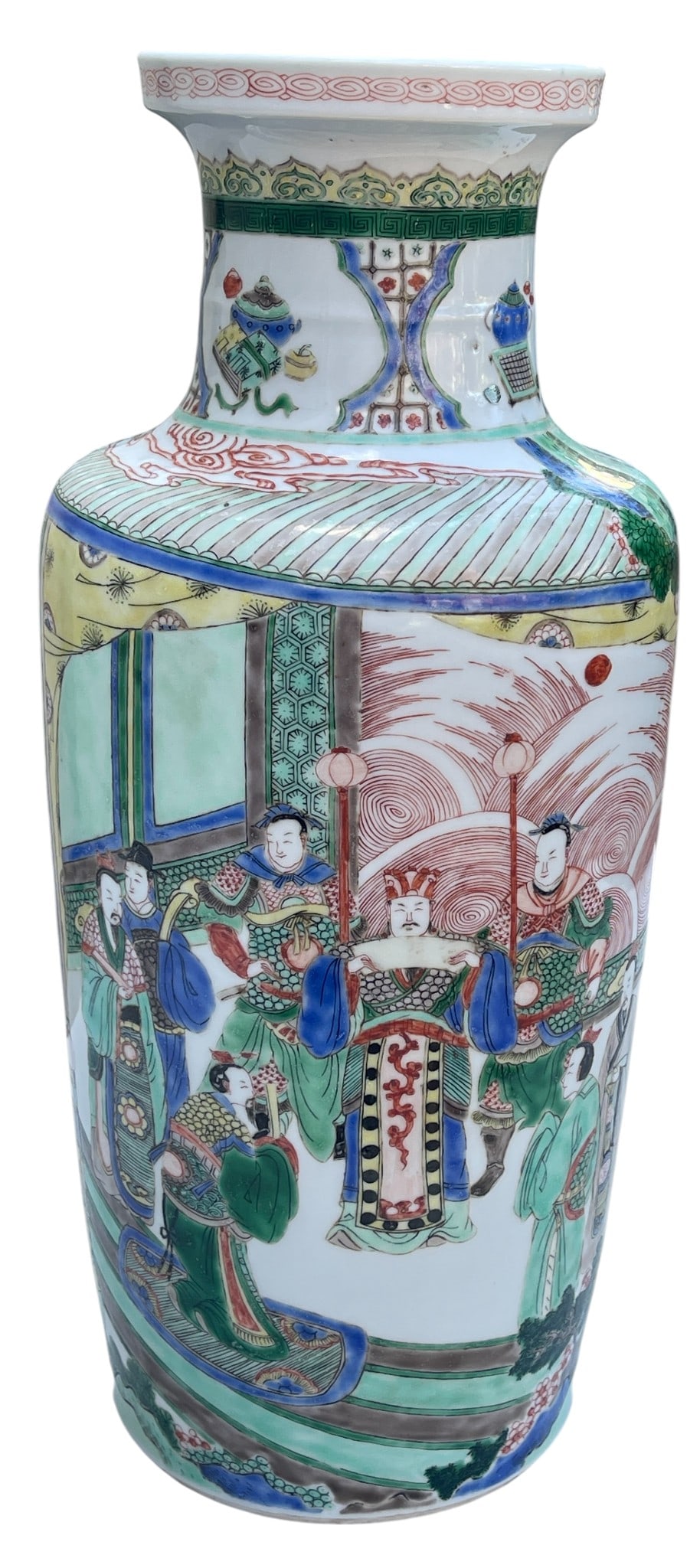 Qing Dynasty Chinese Rouleau Famille Rose Vase: Qing Dynasty, the cylindrical body surmounted by a constricted neck and galleried rim, painted with multiple figures. Height 17 in. Overall very condtion, no chips, cracks, breaks or repairs. Has been