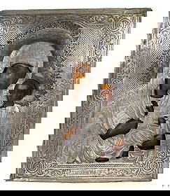 19th Century Russian 84 Silver Oklad Icon Holy Mother of God of Tikhvin.: An antique 19th-century Russian Orthodox icon of Holy Mother of God of Tikhvin. on a wood board. Gilt silver riza or oklad framing with repousse decor. Hallmark of 84 silver standard and makers marks