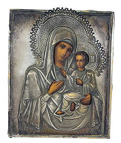 19th Century Russian 84 Silver Oklad Icon Our Lady of Kazan: An antique 19th-century Russian Orthodox icon of Kazan Mother of God on a wood board. Gilt silver riza or oklad framing with repousse decor. Hallmark of 84 silver standard and makers marks are on the