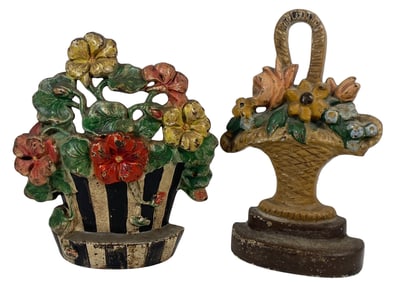 (2) Hubley Floral Polychrome Cast Iron Doorstops