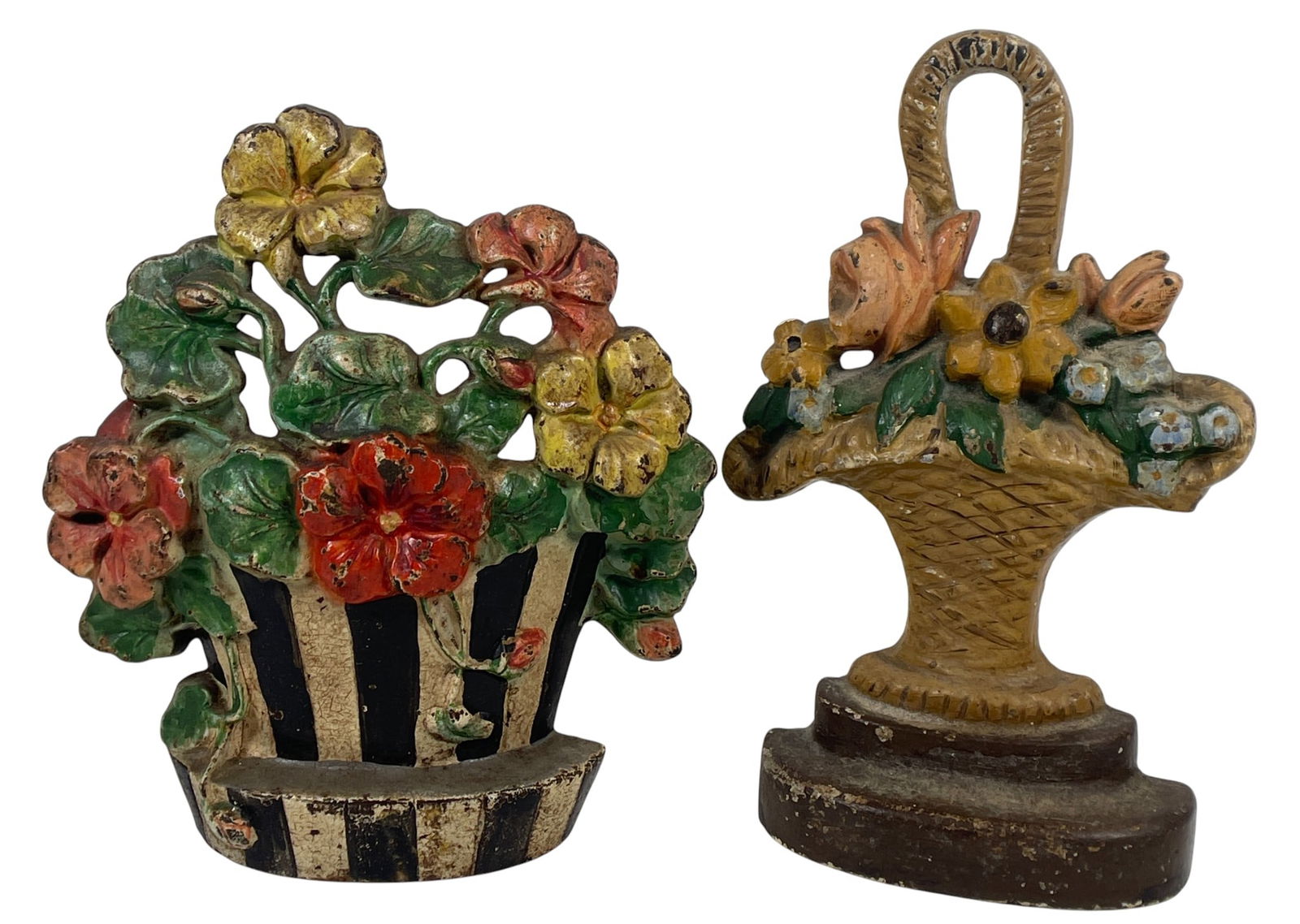 (2) Hubley Floral Polychrome Cast Iron Doorstops: To include Hubley #3 (8.5 inches high) & Hubley #221 (7.25 inches high). Overall good condition, please see photos.