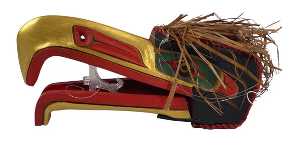 Pacific NW Kwakiutl Polychome Jointed Wood Carved Mask of Raven