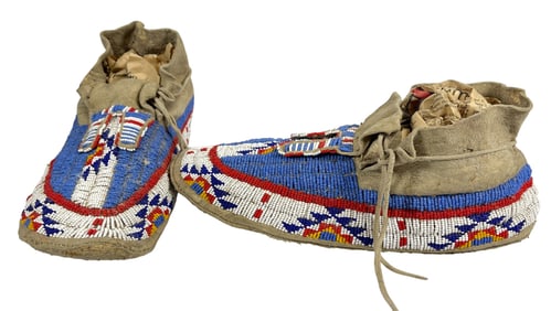 Pair of Plains Native American Fully Beaded Moccasins