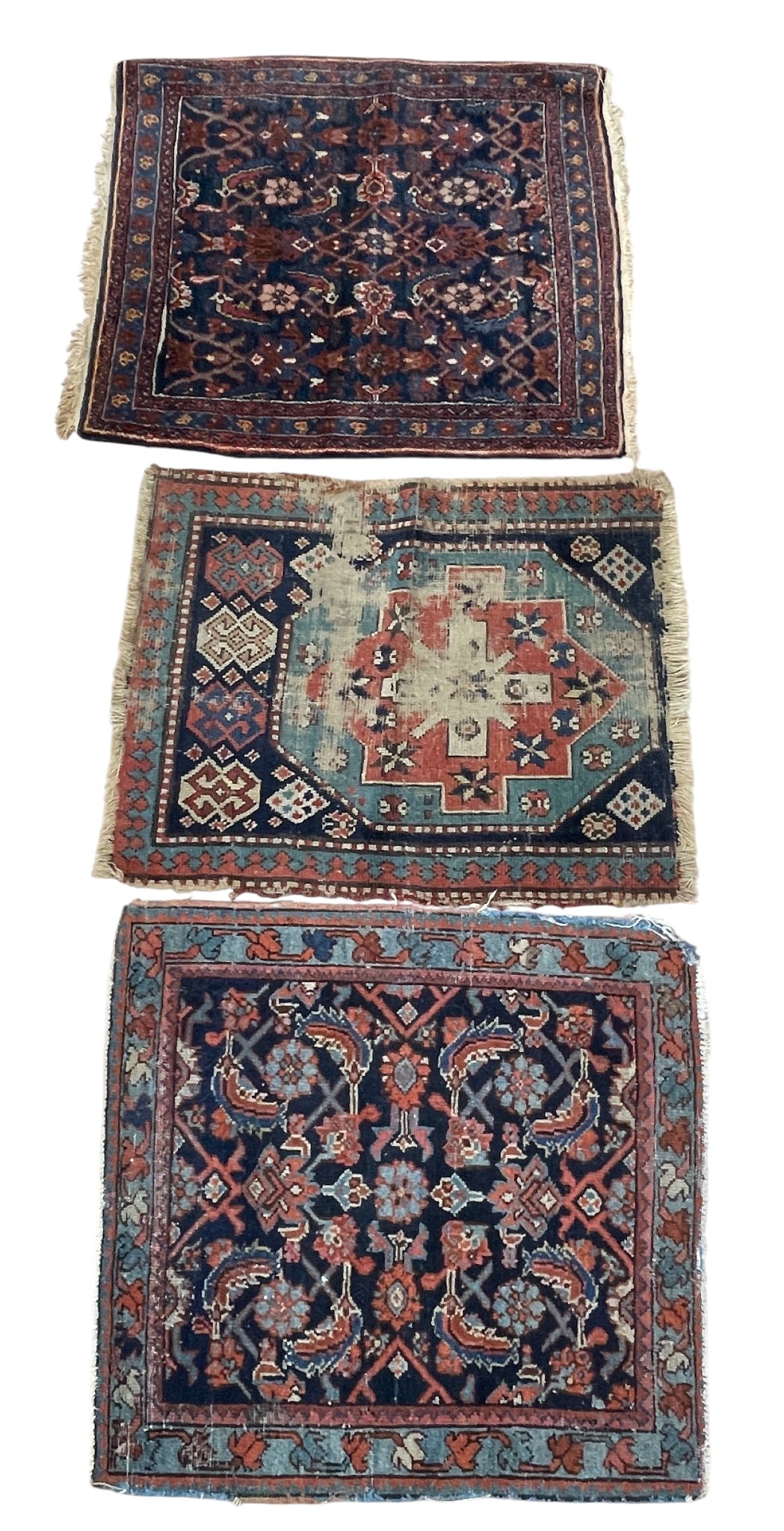 Lot of (3) Semi Antique Persian Rugs: Approx 2 feet x 3 feet. Overall good/fair condition, please see photos.
