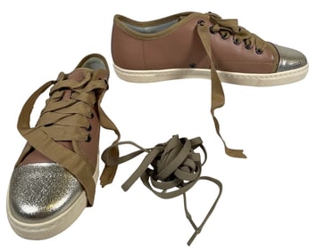 Vintage Lanvin Taupe Leather Gold Cap Low Top Sneakers