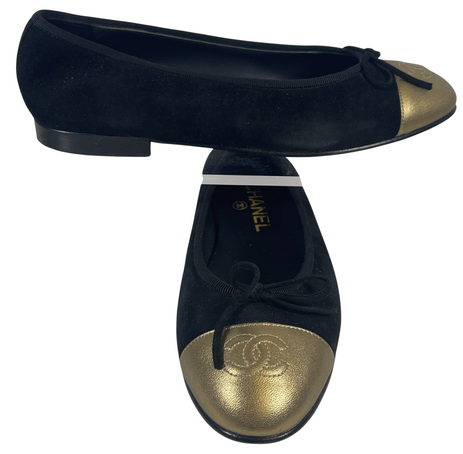 Vintage Chanel Black Suede Gold Tip Ballet Flats: Comes with original box and dust jackets and care card. Size 38. Overall good condition, sonme wear to the soles. please see photos. Provenance from a mid town Manhattan estate.