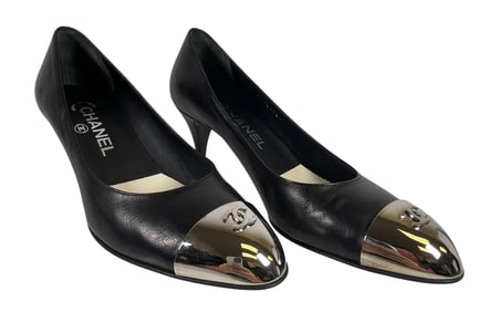 Vintage New old Stock Chanel Black Leather Silver Toe Pumps