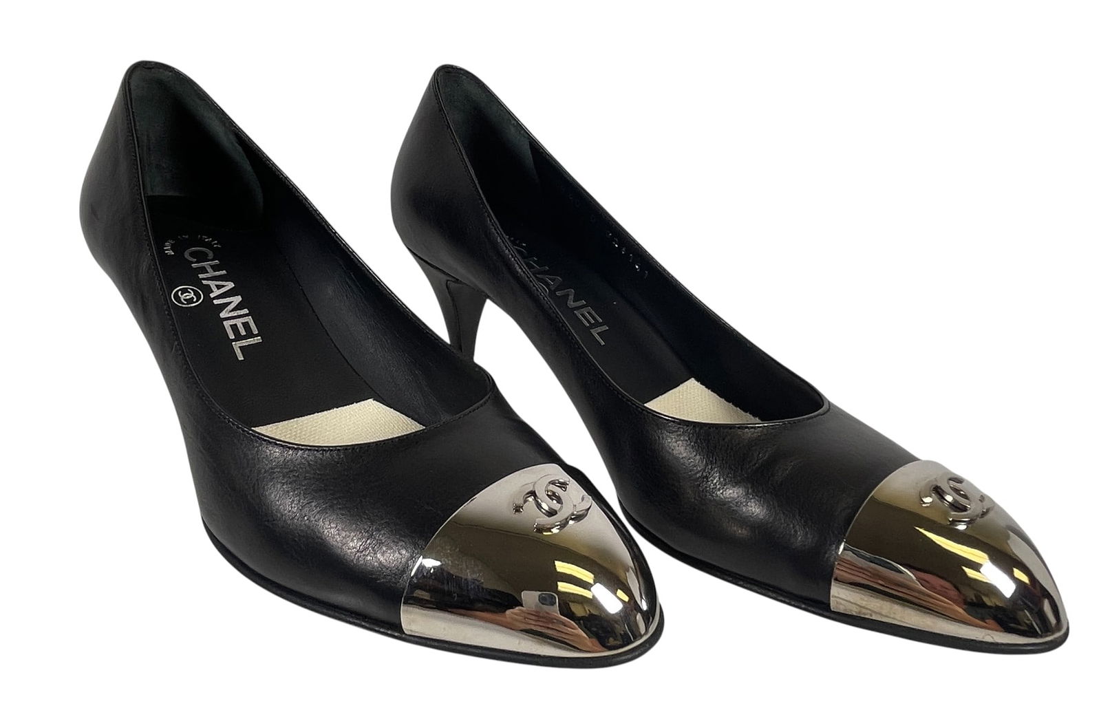 Vintage New old Stock Chanel Black Leather Silver Toe Pumps (1 of 7)