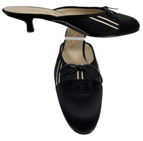 Vintage Chanel Black & White Stripe Cap-Toe Kitten Mules