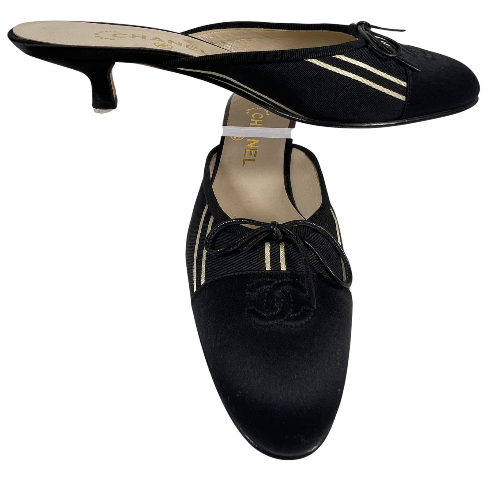 Vintage Chanel Black & White Stripe Cap-Toe Kitten Mules (1 of 7)