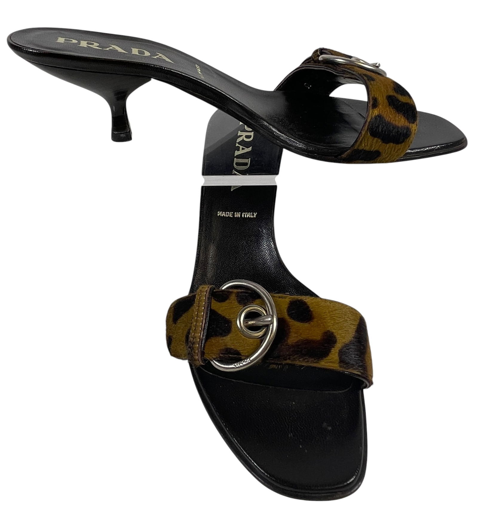 Vintage Prada Calzature Donna Leopard Pony Hair Mules: Comes with original box and dust jackets. Size 37.5. Overall good condition, some scuffing to soles, please see photos. Provenance from a mid town Manhattan estate.