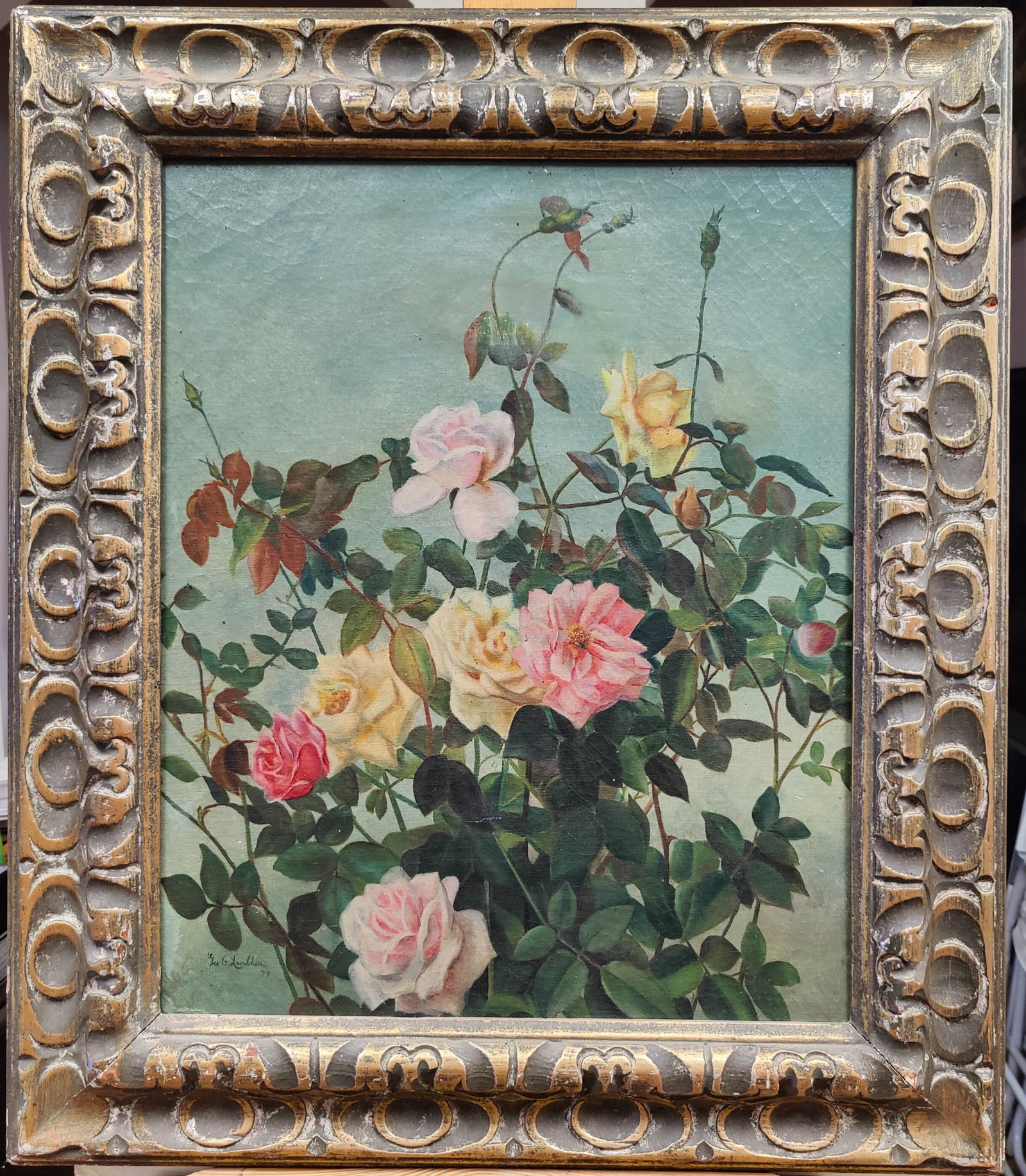 George Lambdin O/B Floral Painting Dated 1879: George Cochran Lambdin (Pennsylvania, New York, 1830 - 1896) floral painting, in good condition, with dirt accumulation, craquelure and minor scuffing to the surface. Signed and dated lower left. Late