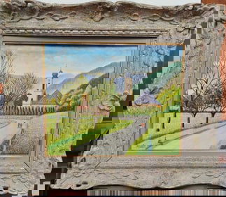 Andre Bouquet O/C Naive French Folk Art Church, Alsace