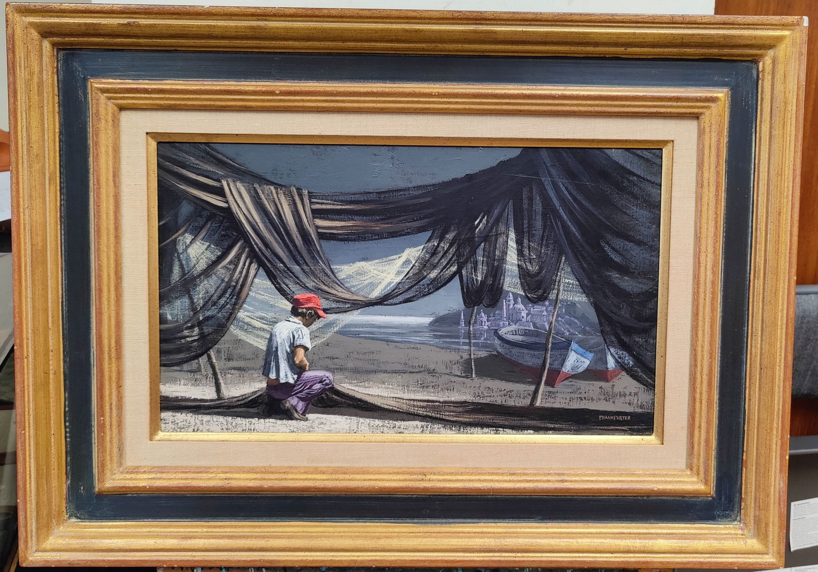 Jack Frankfurter O/C Boy Hanging the Sails, c.1970s: Jack Frankfurter (New York, 1929 - 2023) painting of a boy hanging the sails on the beach. Very good condition and nicely period framed. Signed lower right. 17.75" x 10.25" sight.