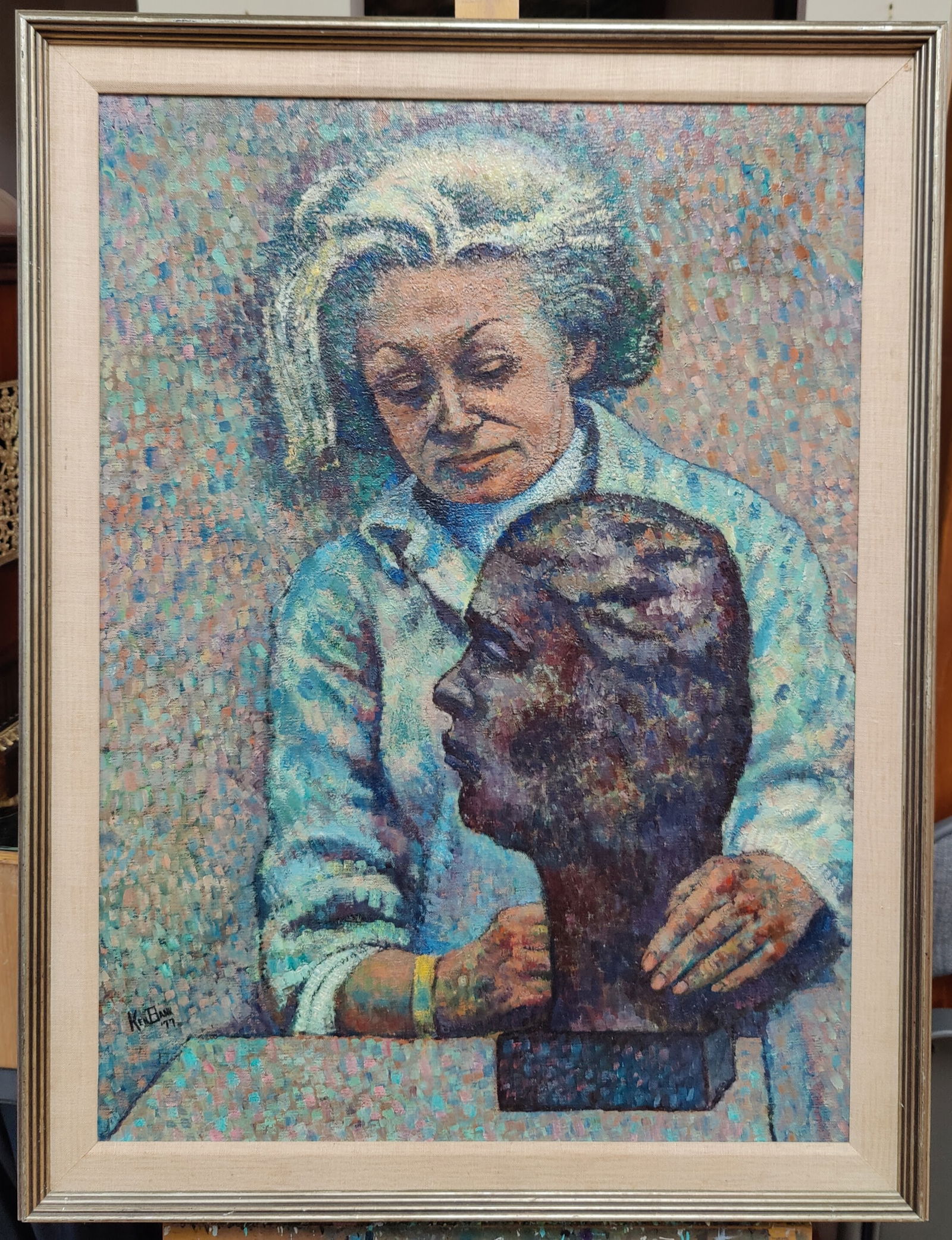 Ken Bank O/C Painting Sculptor, Modern Pointilism, 1977: O/C painting of a female sculptor. Very good condition. Signed and dated lower left. 21.25" x 29.25" sight.