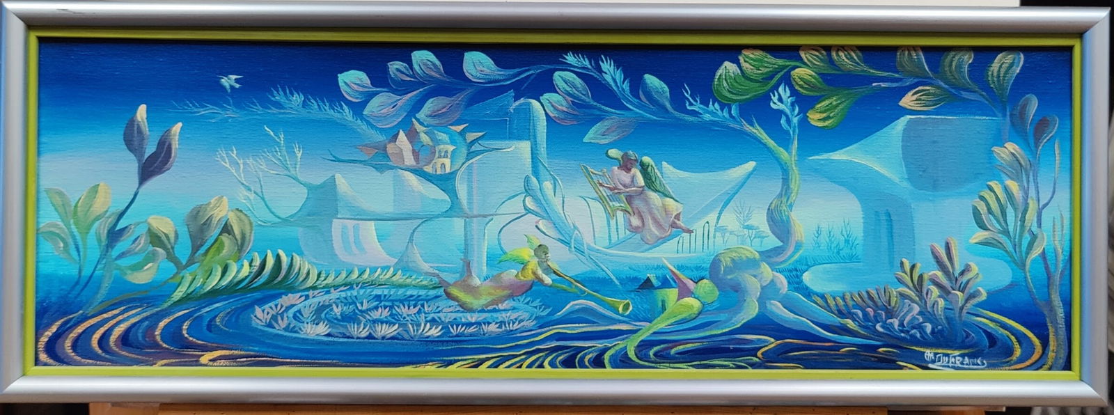 Charles Dufranc O/C Surrealistic Haitian Heaven: Charles Dufranc (Haiti, b. 1948 - ) O/C Surrealistic Haitian Heaven painting, with Musician Angels. Very good condition. Satin silver edge framing. Douglas Yaney Gallery and artist page on verso. Sign