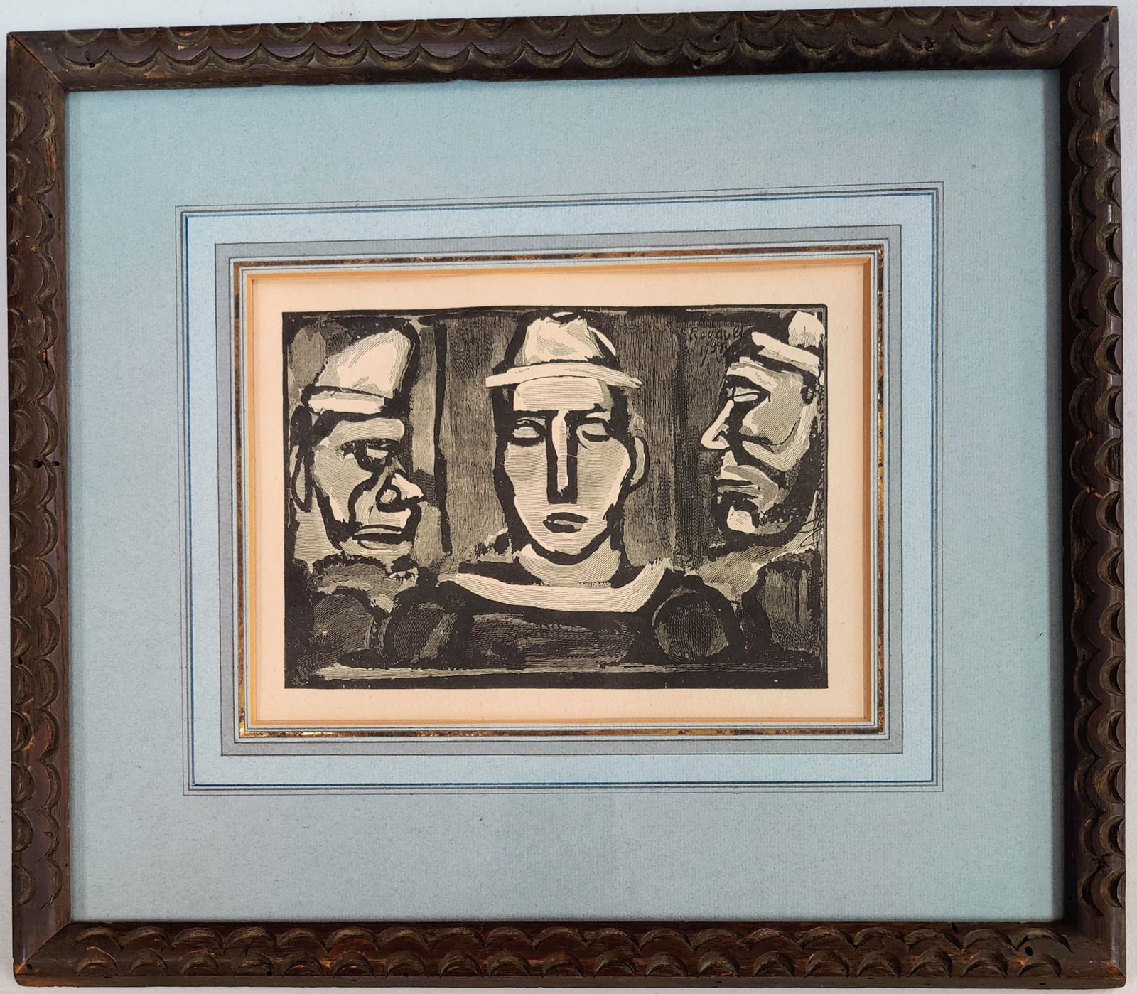 Georges Rouault Lithograph Titled Le Cirque - 3 Faces: After Georges Dominique Rouault (France, 1904 - 2002) titled "Le Cirque, Three Faces", lithograph c. 1930s in good condition, with toning visible under the glass. 8.75" x 6.25" sight"