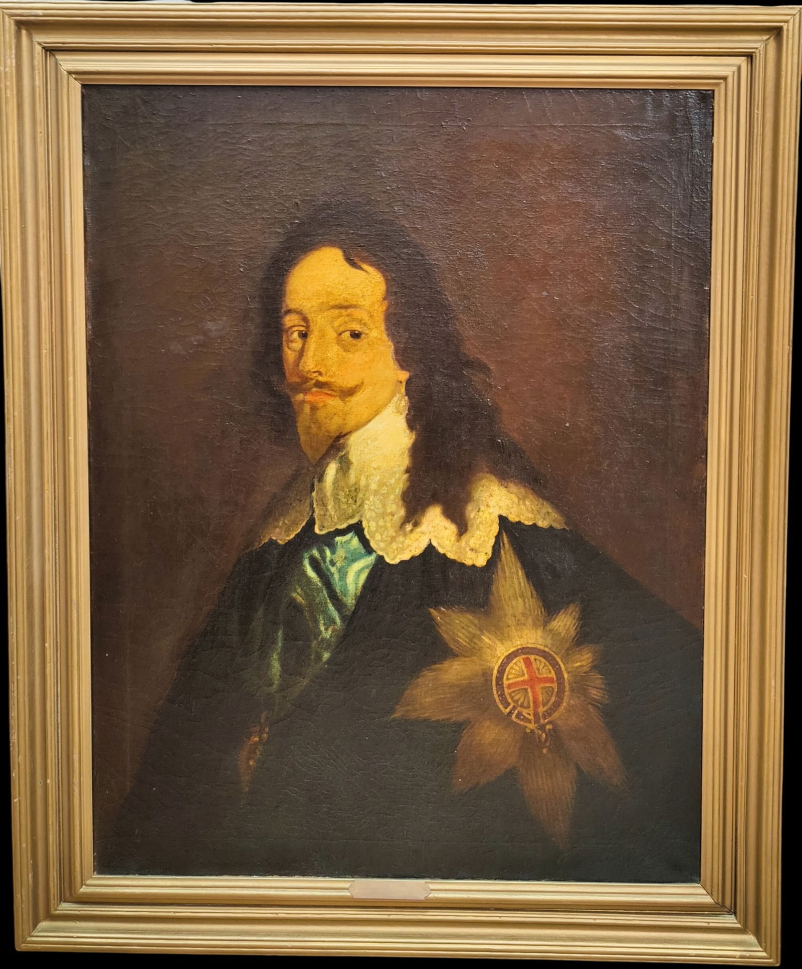 After van Dyck Portrait Charles I w/ Pearl Earring & Star Garter: Mid 19th c. Dutch School Portrait of Charles the 1st. Good condition, with a heavy varnish to the surface, craquelure, dirt accumulation, in-painting and some repair patches verso. Nicely and simply p