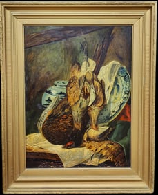 M E. Wood Still Life w/ Game Birds & Blue and White China