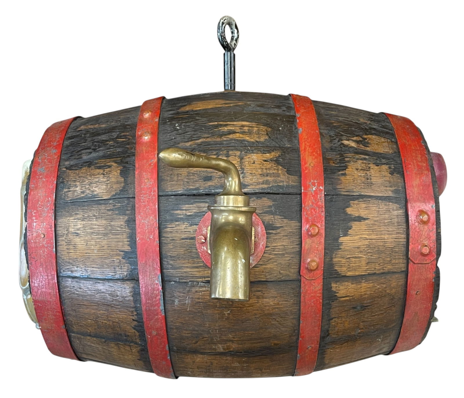 Vintage Beer Keg & Spout Wood Barrel Bar Trade Sign: **All proceeds go to Habitat for Humanity of Long Island** The barrel measures 19.5 inches, with the beer and wine glass 23.5 inches long, and 20 inches to the top of the screw. Overall good condition