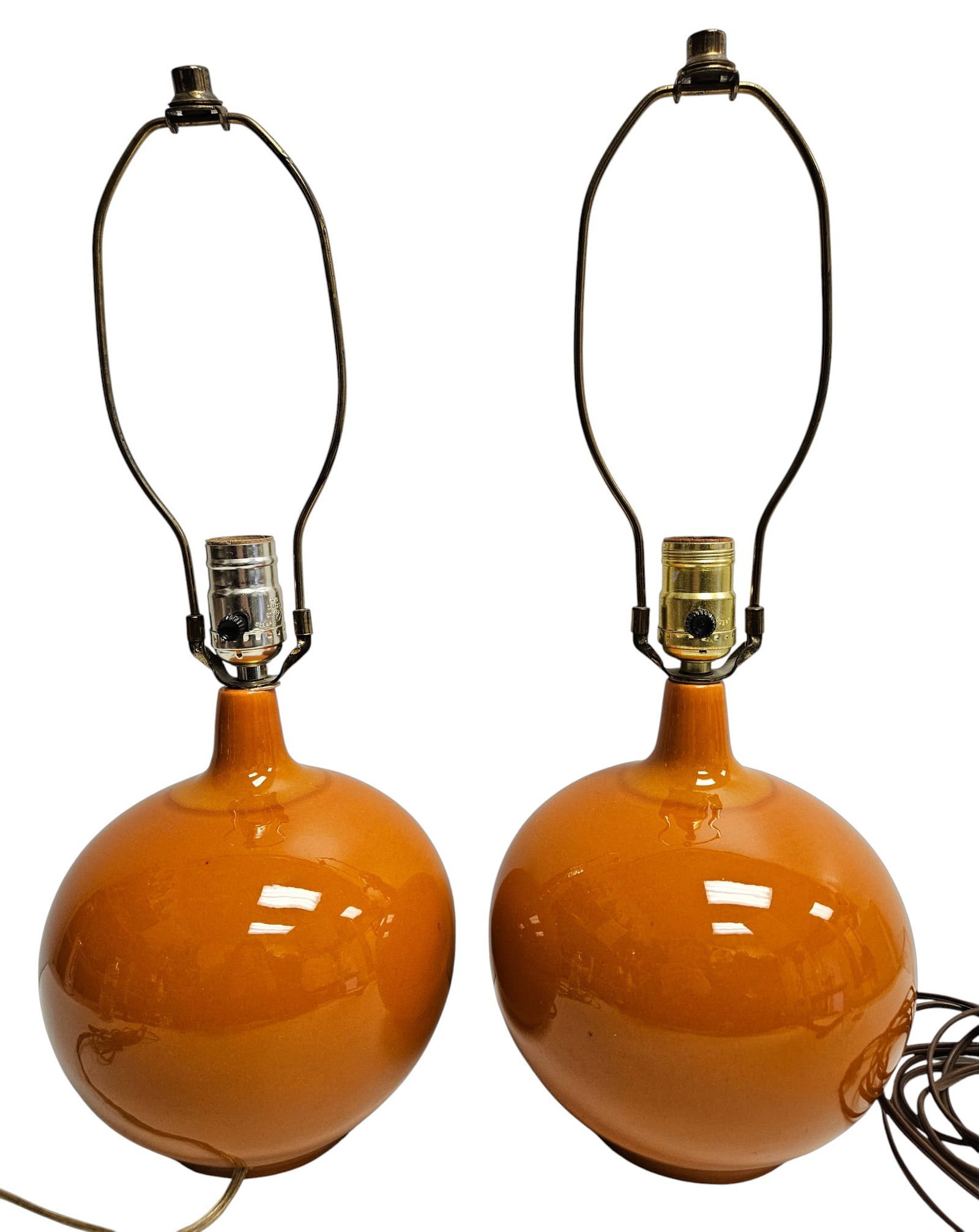Pair Mid Century Orange Round Ceramic Lamps (1 of 7)