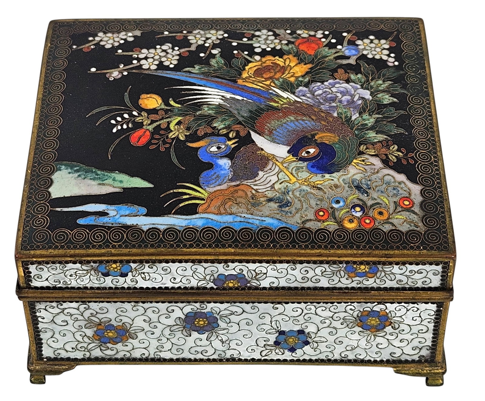 Japanese Cloisonne Trinket Box: Birds and flowers on top. Measures 4.25 x 3.5 inches, 2 inches high. Overall good condition, please see photos.